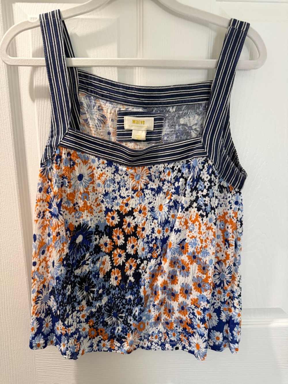 Anthropologie Maeve Blue, White & Orange Floral Square-Neck Tank